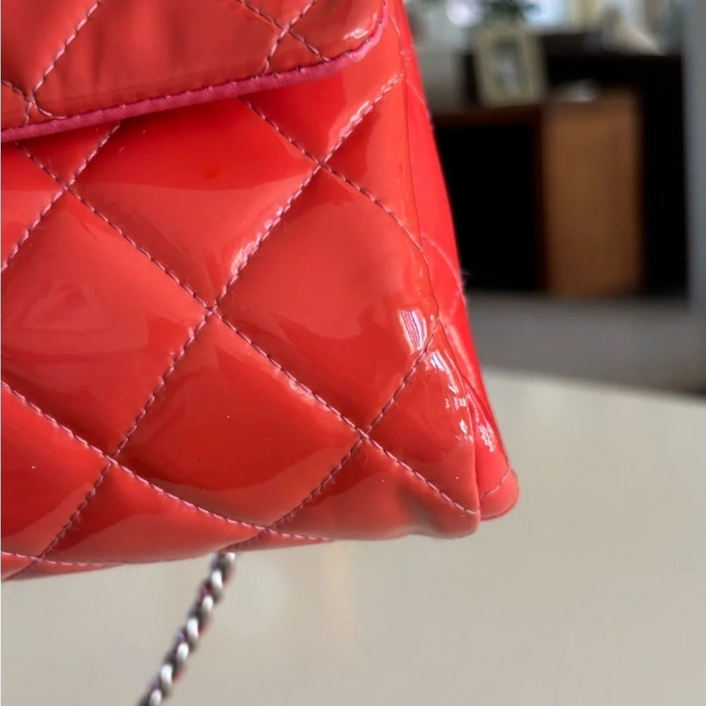 Gorgeous Chanel CC Quilted Patent Flap Clutch Chain Orange Silver Shoulder Bag